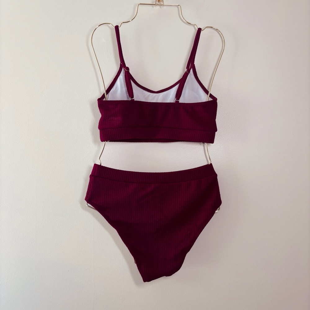 Solid Red Ribbed Two Piece High Leg Bralette Styl… - image 6